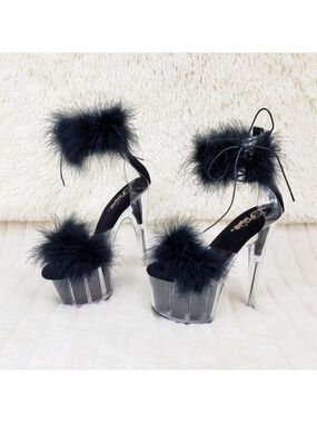 Black Furry Marabou Feather 7" High Heel Platform Shoes